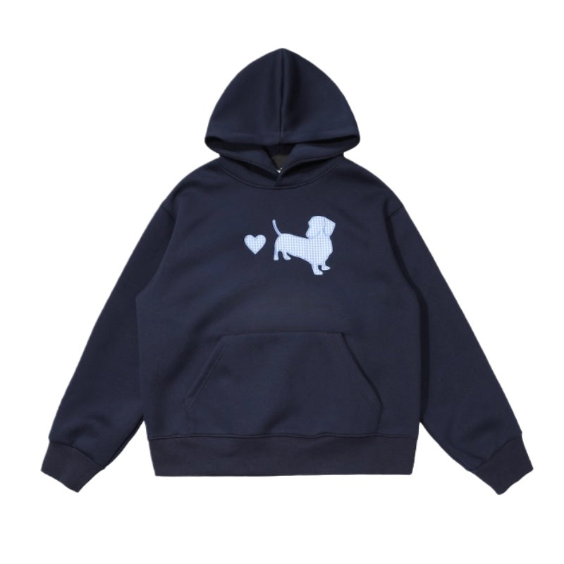 Dark Blue Hoodie With Plaid Dachshund Pattern